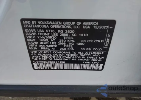 2024 Volkswagen Atlas Cross Sport 2.0T Se W/Technology из США, поврежденный, VIN 1V2KE2CA2RC226156